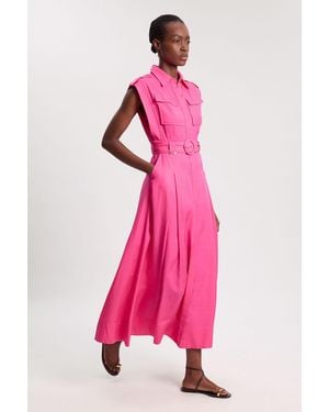 Karen Millen Premium Viscose Linen Belted Woven Midaxi Dress With Hardware Detail - Pink