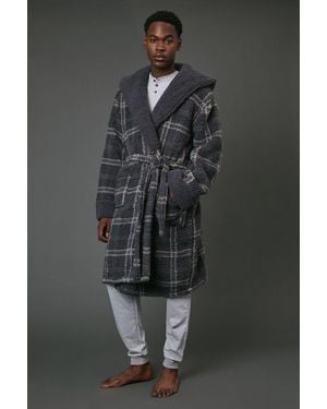 MAINE Check Sherpa Hooded Dressing Gown - Black