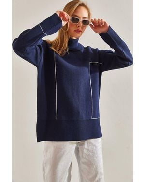 Bianco Lucci Geometric Pattern Turtleneck Knit Jumper - Blue