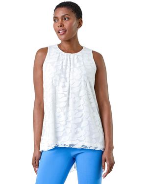 Roman Sleeveless Textured Floral Print Top - White