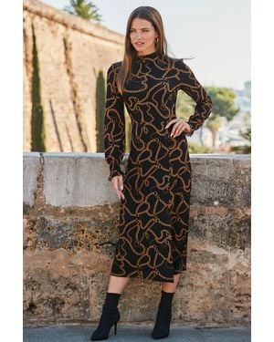 Sosandar Chain Print High Neck Jersey Dress - Brown
