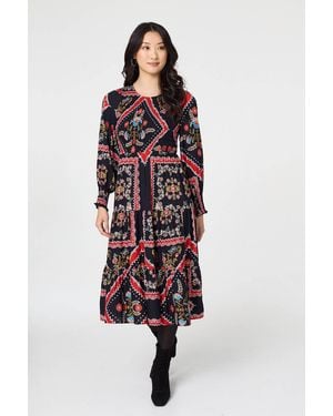 Izabel London Printed Smocked Long Sleeve Midi Dress - Red