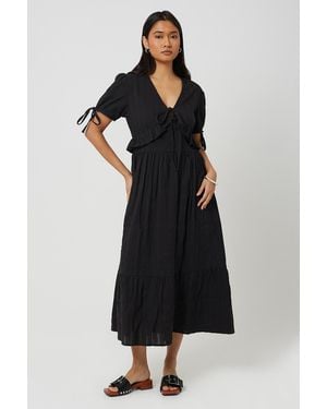 Brave Soul Puff Sleeve Maxi Dress With Tie And Ruffle Details - Black