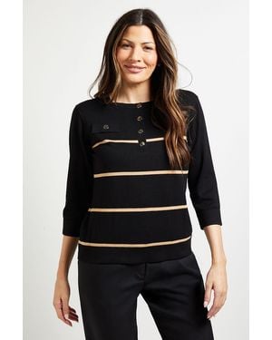 Wallis Button Detail Stripe Knitted Top - Black