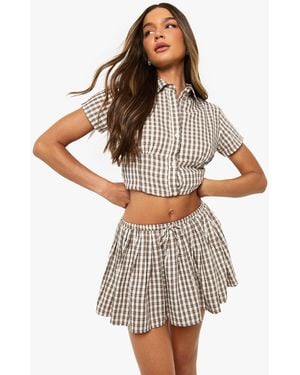 Boohoo Check Print Drawstring Pleated Mini Skirt - Natural