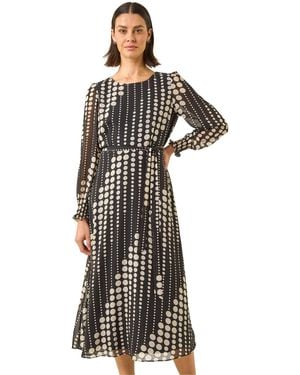 Roman Spot Print Shirred Midi Dress - Black