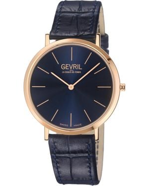 Gevril Five Points18K Collection,18K Rose Case, Dial, Handmade Italian Leather Strap - Blue