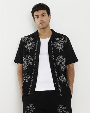 River Island Shirt Regular Fit Floral Embroidered Collared Cotton - Black