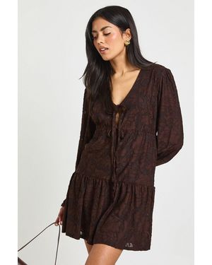 Boohoo Burnout Floral Tie Front Smock Dress - Brown