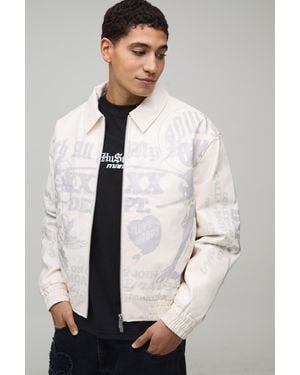 BoohooMAN Boxy Fit Pu Printed Graphic Varsity Jacket - White