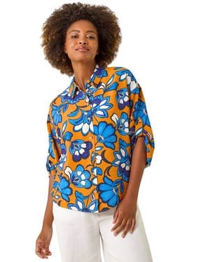 Roman Floral Button Up Blouse - Blue