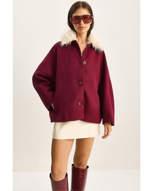 Bianco Lucci Oversized Plush Coat With Fur Collar - Red
