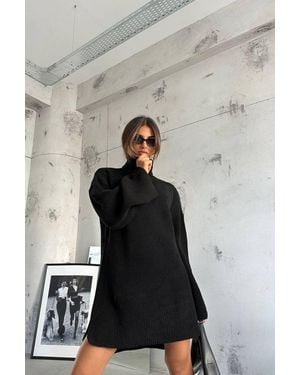 Hiccup Knitted Turtleneck Long Sleeve Mini Oversized Dress - Grey
