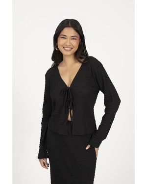 Brave Soul Textured Long Sleeve Tie Front Top - Black