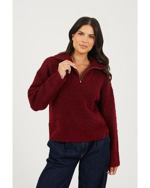 Brave Soul Boucle Yarn Jumper With Zip Neck - Red