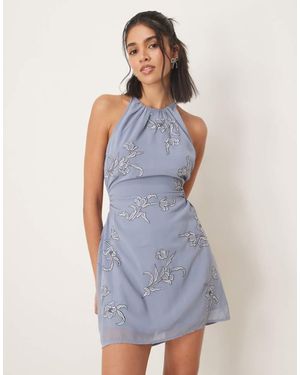ASOS All Over Floral Embroidered Halter Mini Dress With Open Back - Blue