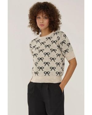Hiccup Bow Patterned Short Sleeve Jumper - Natural