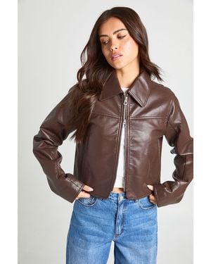 Boohoo Cinched Waist Faux Leather Jacket - Brown