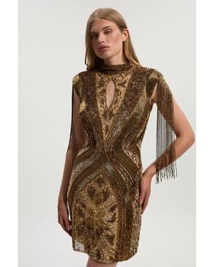 Karen Millen Embellished Beaded Cap Sleeve Woven Mini Dress - Brown