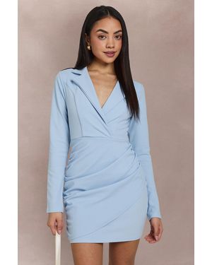 Boohoo Wrap Long Sleeve Blazer Dress - Blue