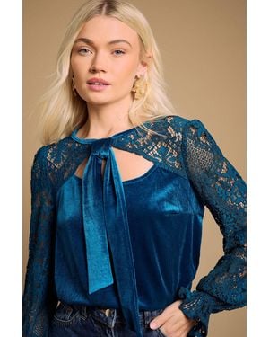 Oasis Lace Sleeve Velvet Tie Neck Blouse - Blue
