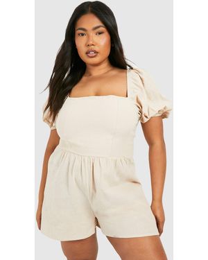 Boohoo Plus Linen Look Puff Sleeve Playsuit - Natural