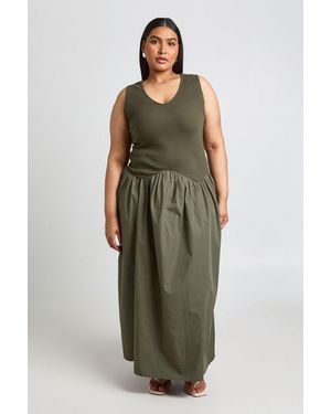 Boohoo Plus Rib Cotton Mix Dropped Hem Maxi Dress - Green