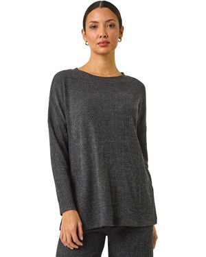 Roman Relaxed Ribbed Side Split Top - Black