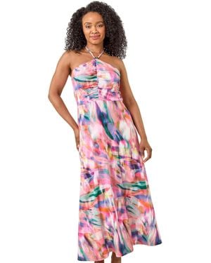 Roman Petite Abstract Gathered Halter Maxi Dress