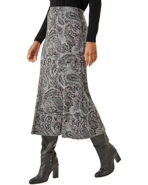 Roman Paisley Print Stretch Midi Skirt - Black