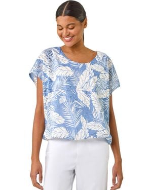 Roman Leaf Print Lace Bubble Hem Top - Blue