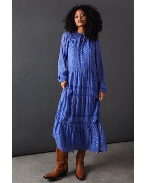 Warehouse Metallic Jacquard Lace Midi Dress - Blue