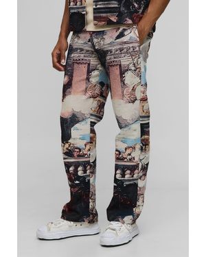 BoohooMAN Renaissance Tapestry Relaxed Fit Trousers - Black