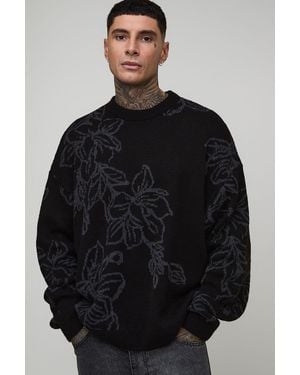 BoohooMAN Tall Boxy Oversized Fluffy Floral Jacquard Knitted Jumper - Black