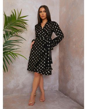 Chi Chi London Ruffle Sleeve Foil Spot Wrap Mini Dress - Brown