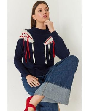 Bianco Lucci Fringed Crew Neck Patterned Jumper - Blue