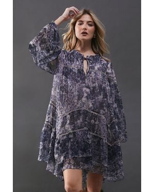 Warehouse Chiffon Faded Paisley Ladder Insert Ruffle Smock Mini Dress - Blue