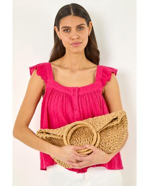 Roman Textured Frill Sleeve Cami Top - Pink