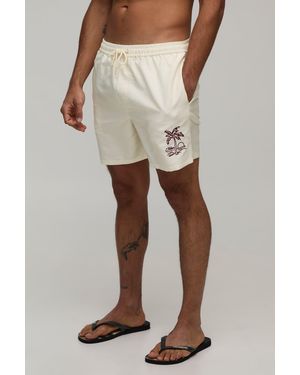 BoohooMAN Palm Embroidered Mid Length Swim Short - Natural