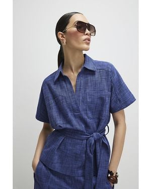 River Island Top Linen Look Belted Short Sleeve Cotton - Blue