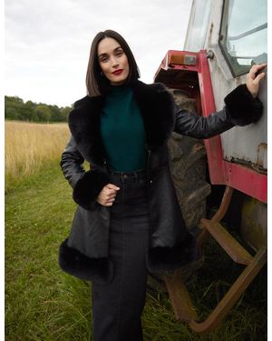 Blue Vanilla Pu Faux Fur Trimmed Belted Coat - Black