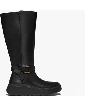 Fitflop F-Mode Square-Ring Leather Flatform Ladies Tall Boots Blac - Black