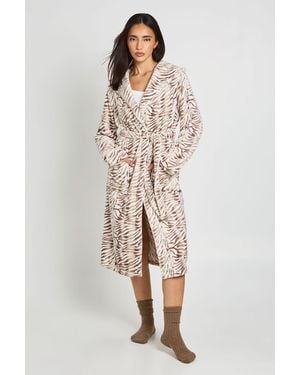 Boohoo Zebra Print Fleece Hooded Long Dressing Gown - Natural