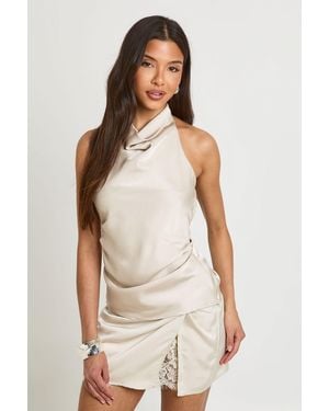 Boohoo Satin High Cowl Neck Cami Top - Natural