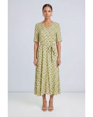 PRINCIPLES Geo Print Viscose Asymmetric Midi Dress - Metallic