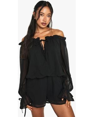 Boohoo Chiffon Bardot Dropped Waist Romper - Black