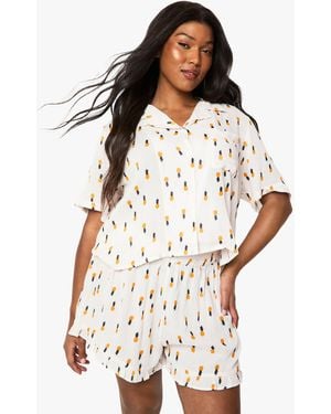 Boohoo Plus Pineapple Print Cheesecloth Boxy Shirt & Short Pyjama Set - White