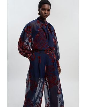 Karen Millen Paisley Devore Woven Pussy Bow Blouse - Blue