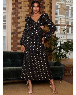 Chi Chi London Long Sleeve Ruffle Detail Foil Spot Maxi Dress - Brown