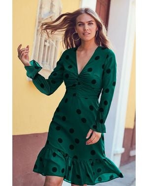 Sosandar Spot V Neck Fit & Flare Dress - Green